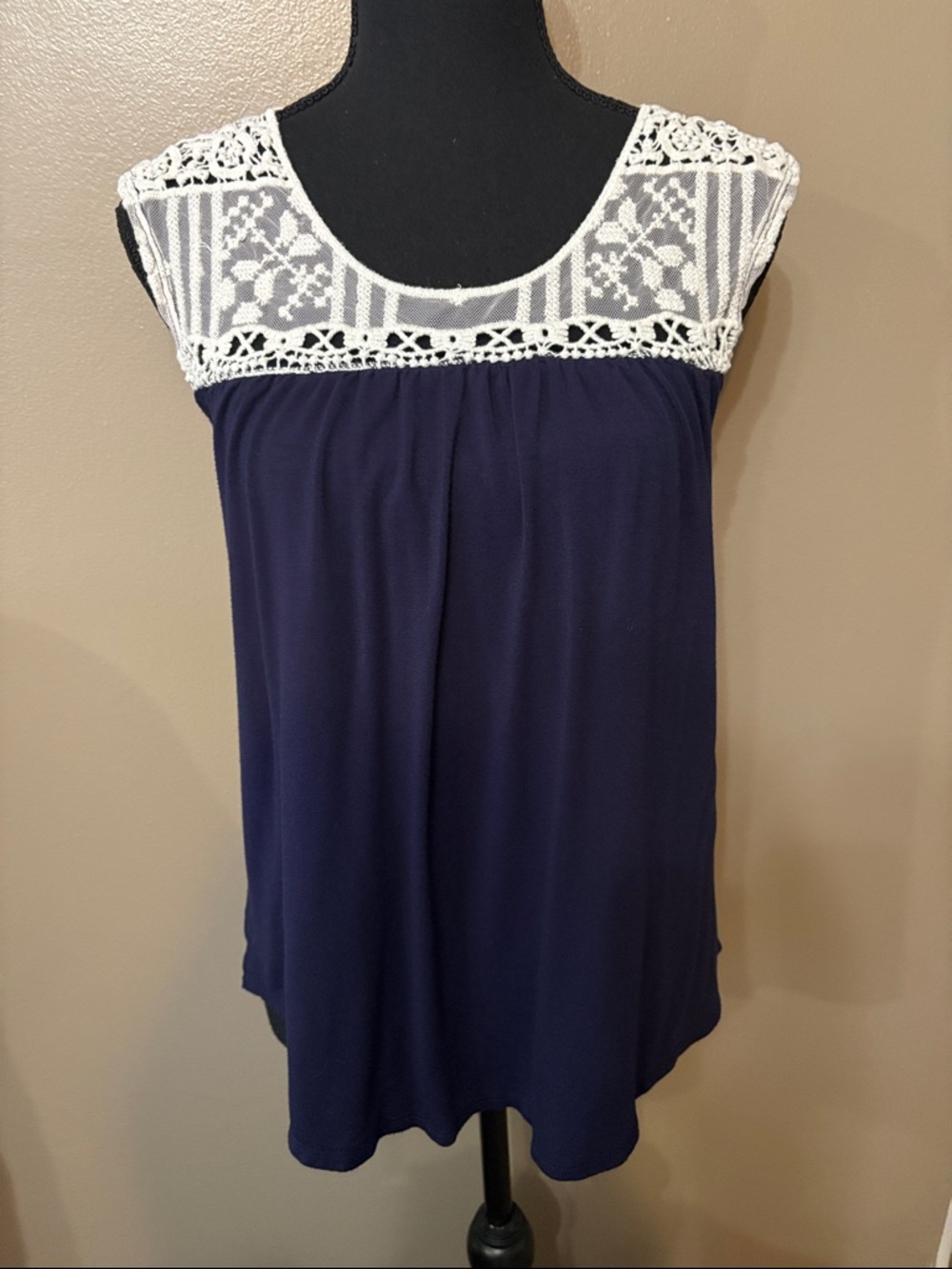 Maurices Navy Tank Top with White Crochet Yoke